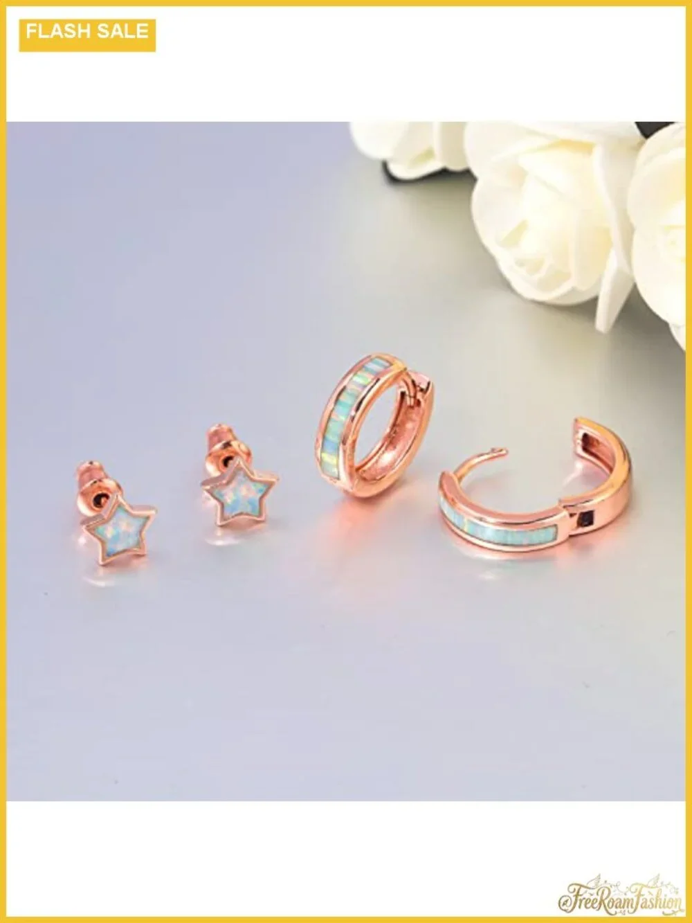 14K White Gold Plated Opal Huggie Hoop Earring Set Hypoallergenic Small Hoops